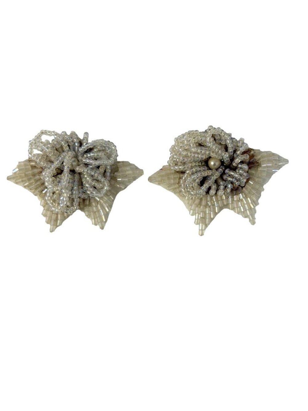 Vintage Beaded Floral Shoe Clips Clear Seed Bead Cluster Formal Bridal Accessori